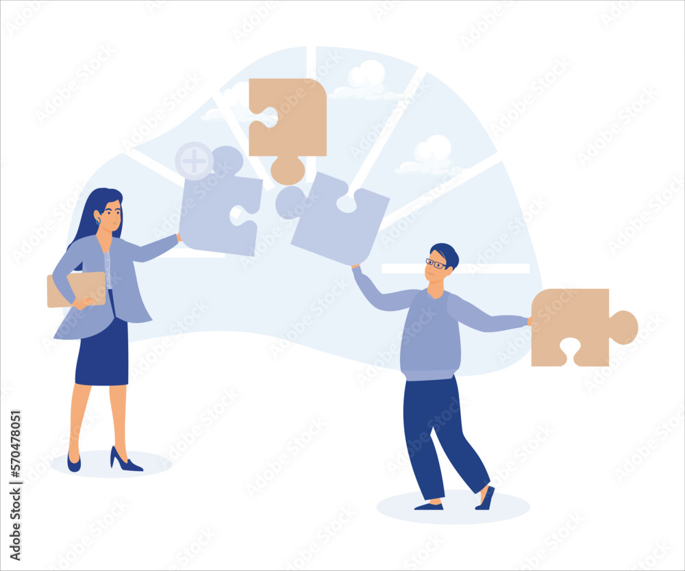 Creative characters and their business activity. People connecting puzzle pieces, generating new ideas, analyzing corporate data. flat vector modern illustration Creative characters and their business activity. People connecting puzzle pieces, generating new ideas, analyzing corporate data. flat vector modern illustration