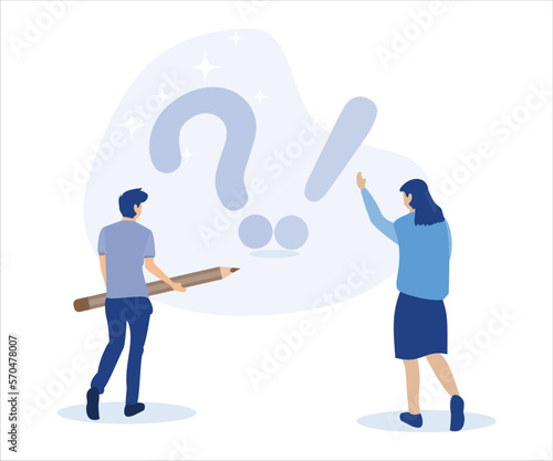 People characters standing near exclamation and question marks. Woman and man ask questions and receive answers. Frequently asked questions concept.flat vector modern illustration