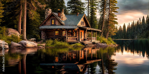 Fotobehang Wooden cabin by the lake in the forest - idyllic setting during the afternoon bathing in the sun's daylight