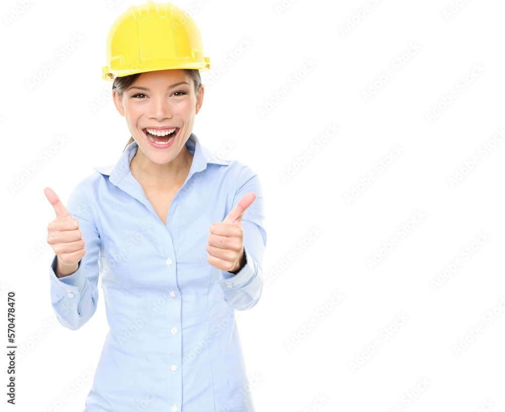 Engineer or architect woman. Portrait of cheerful female architect gesturing thumbs up isolated over white background
Engineer or architect woman. Portrait of cheerful female architect gesturing thumbs up isolated over white background