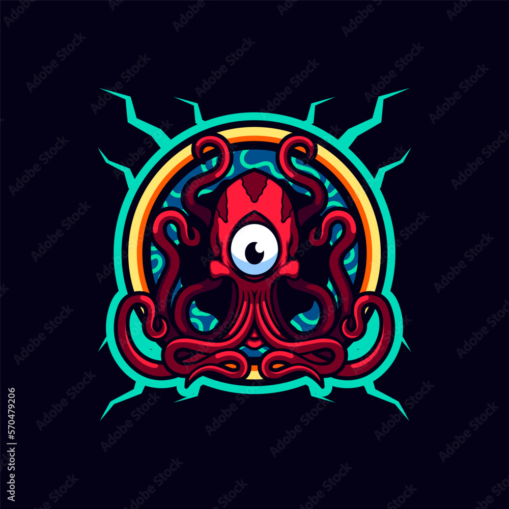 Fototapeta premium One Eyed Red Octopus in the Middle of a Golden Ring Mascot