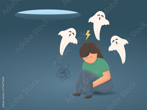 3D Depressed woman sits in dark hole. Sad girl is powerless and apathy