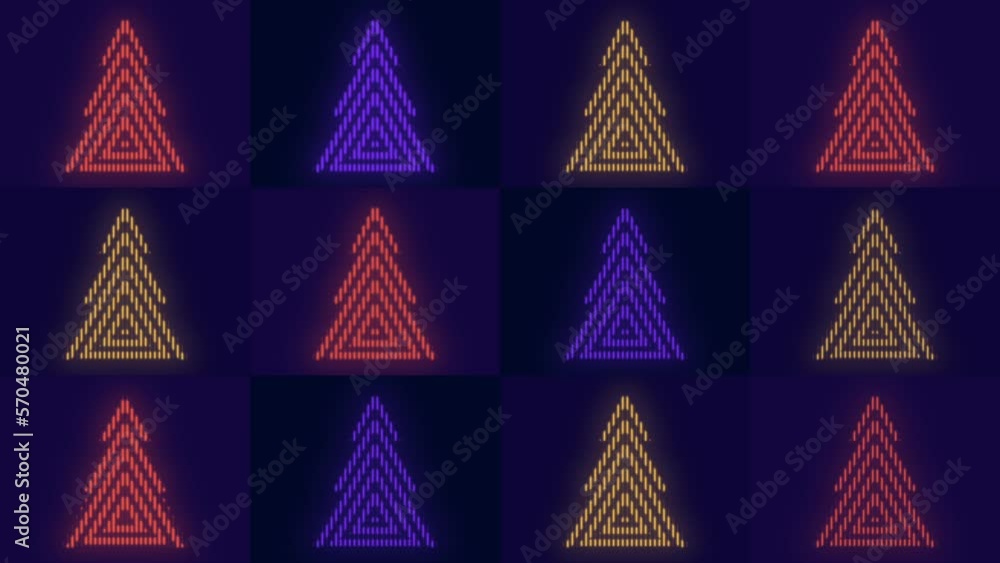 Christmas trees icons in rows with neon led on black gradient, motion abstract disco, club and party style background Christmas trees icons in rows with neon led on black gradient, motion abstract disco, club and party style background