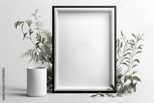 White Vertical Photo Frame Mockup with Beautiful Leafs - Generative AI