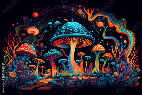 Psychedelic trippy LSD or magic mushrooms hallucinations hippie concept design
