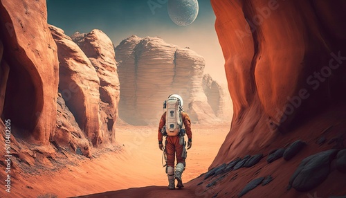 Obraz na płótnie An astronaut hiking on Mars, surrounded by towering, rust-colored cliffs, 1 gene
