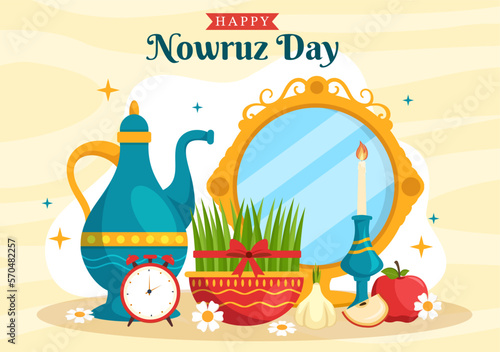 Happy Nowruz Day or Iranian New Year Illustration with Grass Semeni and Fish for Web Banner or Landing Page in Flat Cartoon Hand Drawn Templates