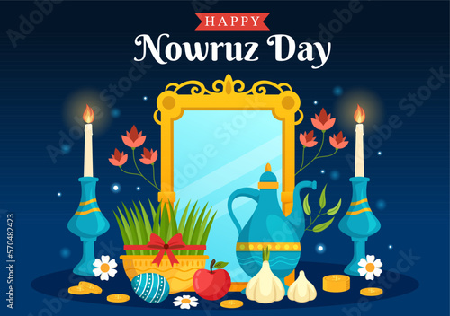 Happy Nowruz Day or Iranian New Year Illustration with Grass Semeni and Fish for Web Banner or Landing Page in Flat Cartoon Hand Drawn Templates