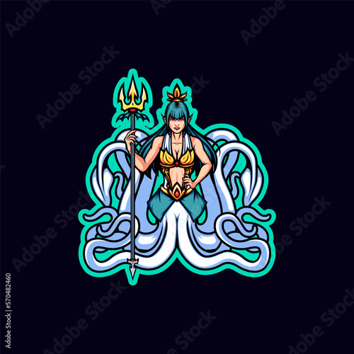 Beautiful Deep Sea Queen Goddess with Her Gold Trident Mascot