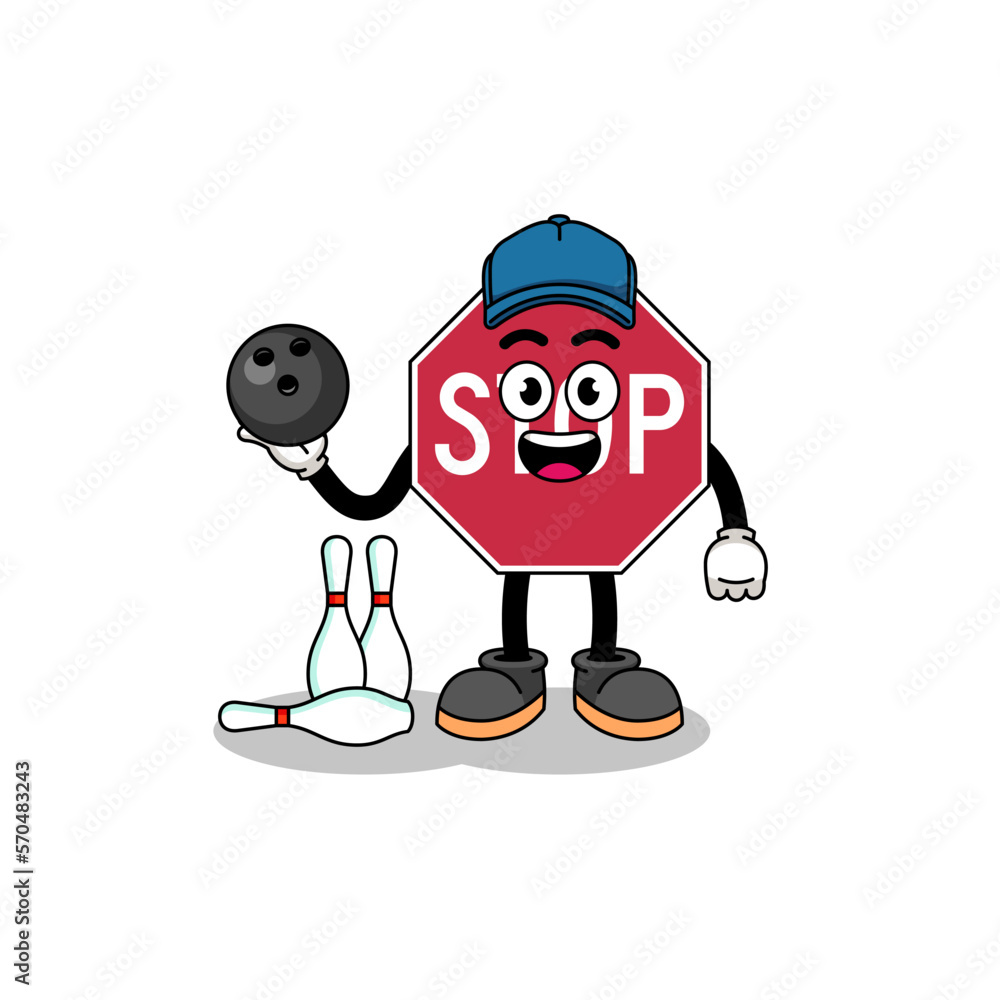 Mascot of stop road sign as a bowling player Mascot of stop road sign as a bowling player