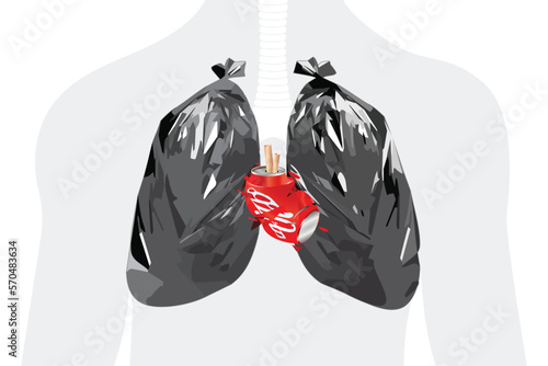 The lung in the form of a black plastic trash bag and red jar heart. Vector illustration of a human organ. The concept of healthcare and ecology. The problem of breathing, environmental pollution