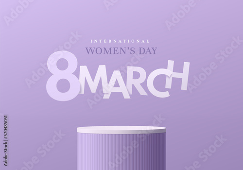 International women day 3D background with realistic purple cylinder podium, Text 8 march in paper cut style. Abstract minimal wall scene, Mockup product display. Geometric platforms. Stage showcase.