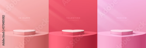 Set of 3D valentine day background with pastel pink, red and white realistic pedestal podium in heart shape. Vector geometric platform. Mockup product display. Minimal wall scene. Round stage showcase
