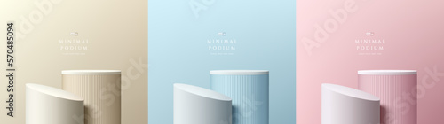 Set of 3D background with steps cylinder stand podium in beige, blue, pink and white color in empty rooms. Vector geometric forms design. Pastel minimal scene. Stage showcase, Mockup product display