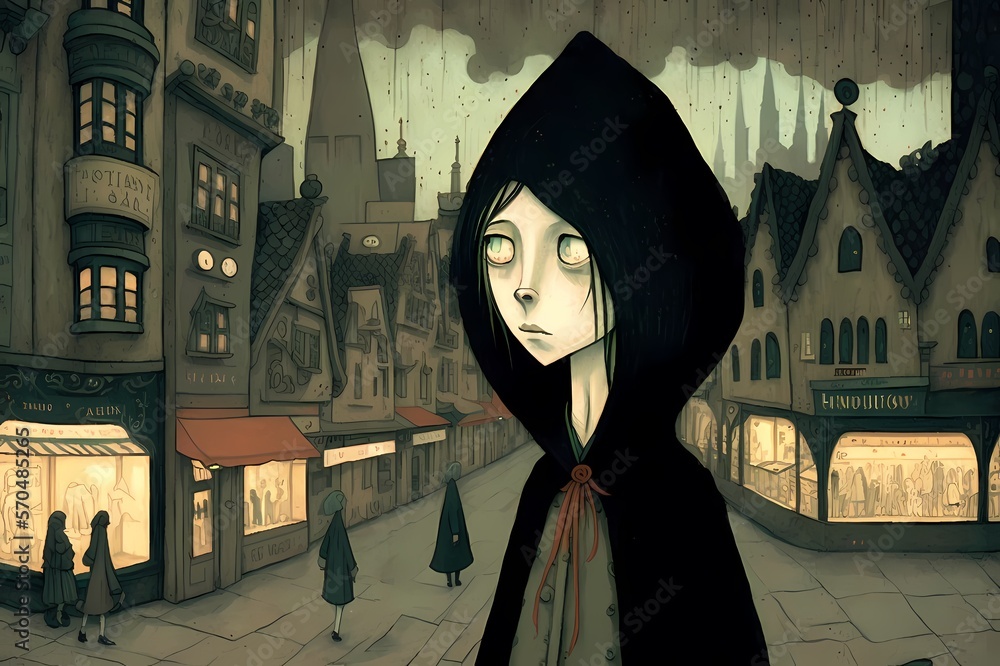 Cartoon Goth Zombie Girl in a Raincoat Cloak on an Rainy European City