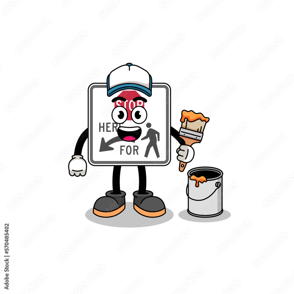 Character mascot of stop here for pedestrians as a painter Character mascot of stop here for pedestrians as a painter