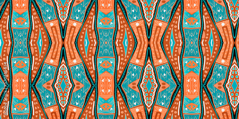 Colored African design - Seamless and textured pattern, high definition illustration, water green and orange colors