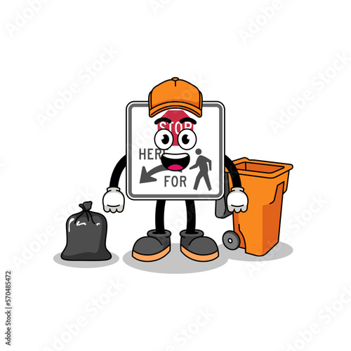 Illustration of stop here for pedestrians cartoon as a garbage collector