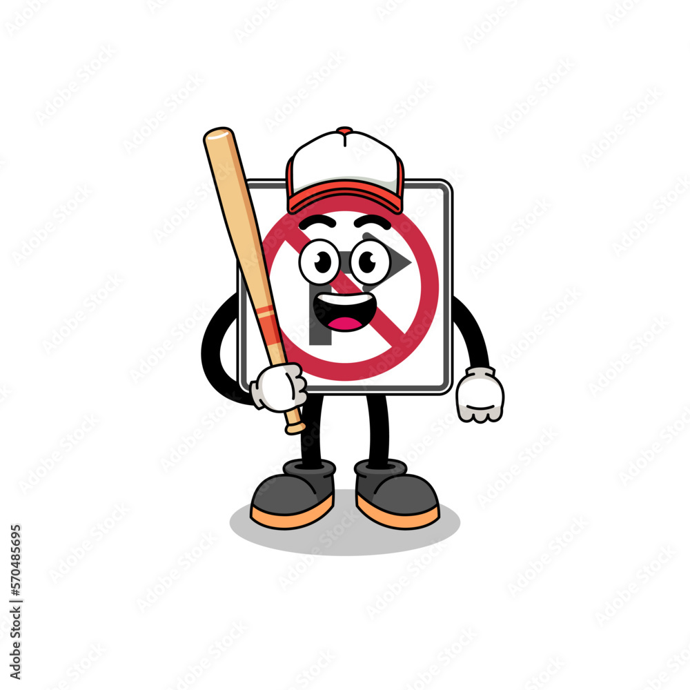 no right turn road sign mascot cartoon as a baseball player
