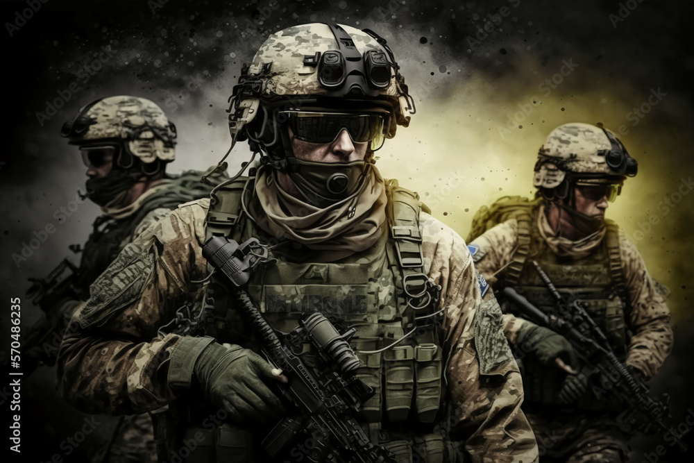 Special Forces Military Unit in Full Tactical Gear, Wartime, Battlefield.  Illustration Graphic Design with Generative AI. Stock Illustration