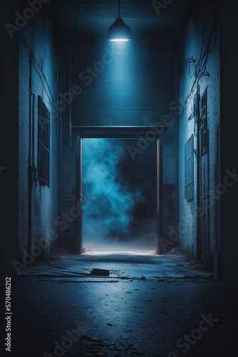 A dark empty street, dark blue background, an empty dark scene, neon light, spotlights The asphalt floor and studio room with smoke float up the interior texture. night view. Generative AI