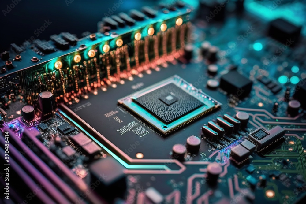Cybernetic technology, motherboard with electronic circuits and CPU unit. Digital Modern Electronic Futuristic technology background. Generative Ai Cybernetic technology, motherboard with electronic circuits and CPU unit. Digital Modern Electronic Futuristic technology background. Generative Ai