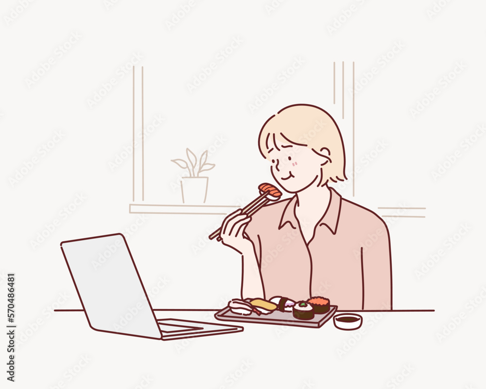 Happy woman eating sushi with chopsticks while using laptop in home. Hand drawn style vector design illustrations. Happy woman eating sushi with chopsticks while using laptop in home. Hand drawn style vector design illustrations.