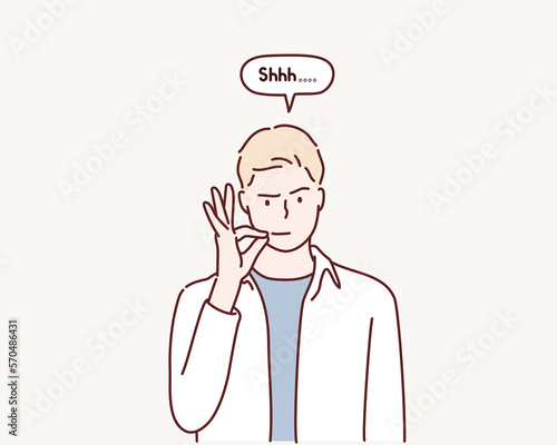 Man making a shushing gesture raising his finger to his lips.  Hand drawn style vector design illustrations.