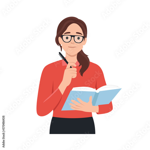 Thoughtful woman with open textbook puts pen to chin remembering correct answer to questions. Perplexed girl student casual t-shirt stands with book to prepare for exams. Flat vector illustration