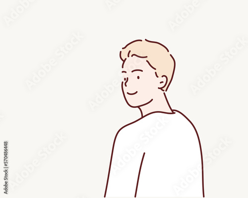 young man turning around and smiling. Hand drawn style vector design illustrations.