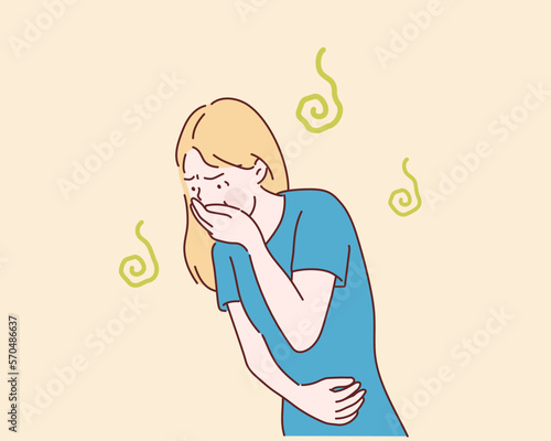 Woman suffering from nausea, vomit, morning sickness symptoms. Hand drawn style vector design illustrations.
