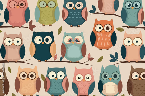 Cute owls birds group color seamless pattern