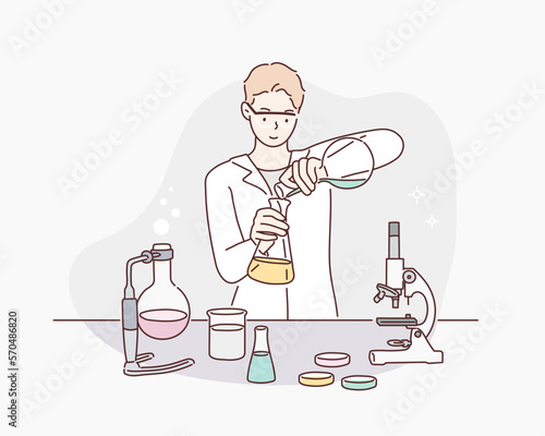Male scientist working in lab. Hand drawn style vector design illustrations.