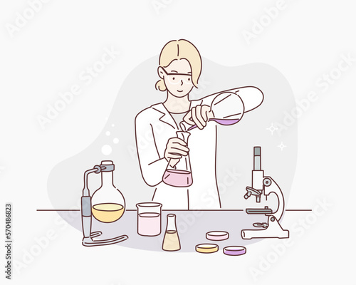 Female scientist working in lab. Hand drawn style vector design illustrations.