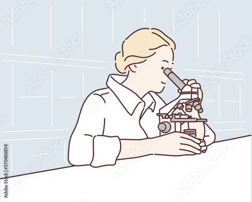 Young scientist looking through a microscope in a laboratory. Young scientist doing some research. Hand drawn style vector design illustrations.
