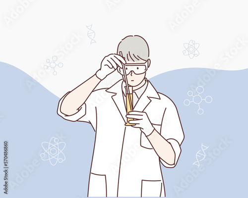 Male scientist working in lab. Hand drawn style vector design illustrations.