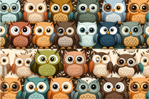 Cute owls birds group color seamless pattern