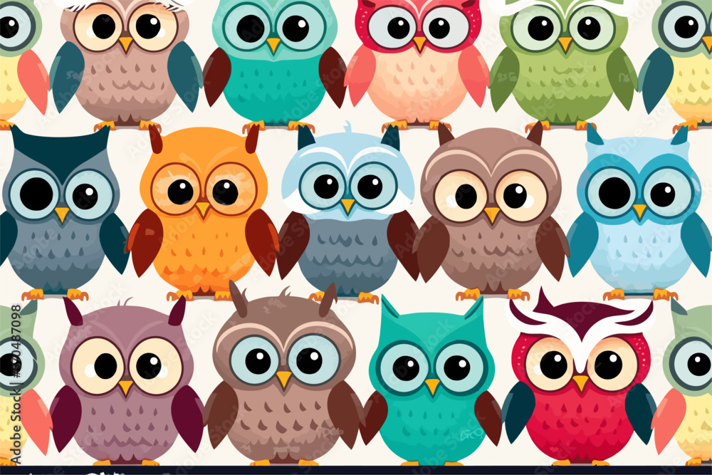 Cute owls birds group color seamless pattern