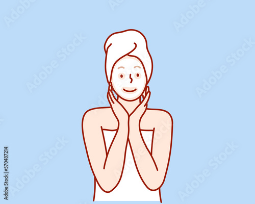 Young beautiful woman applying facial mask Skin care. Hand drawn style vector design illustrations.