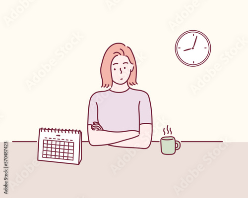 Woman checking the calendar. Hand drawn style vector design illustrations.