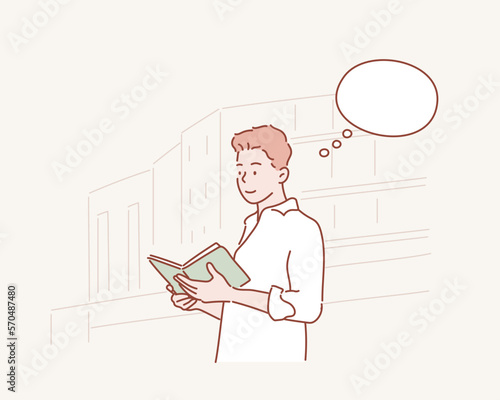 young man reading a book. Hand drawn style vector design illustrations.