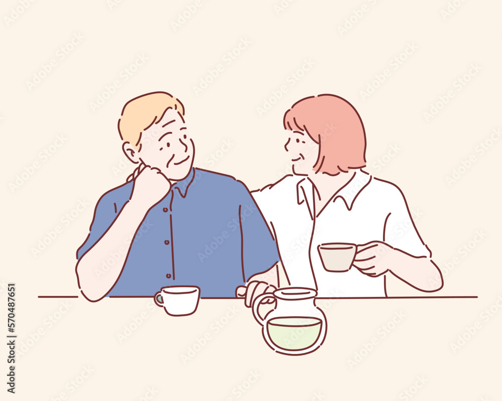 Adorable senior couple drinking from mugs. Hand drawn style vector design illustrations. Adorable senior couple drinking from mugs. Hand drawn style vector design illustrations.