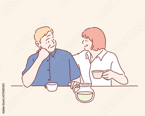 Adorable senior couple drinking from mugs. Hand drawn style vector design illustrations.