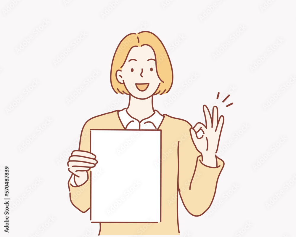 business woman holding papers and showing ok sign. Hand drawn style vector design illustrations.