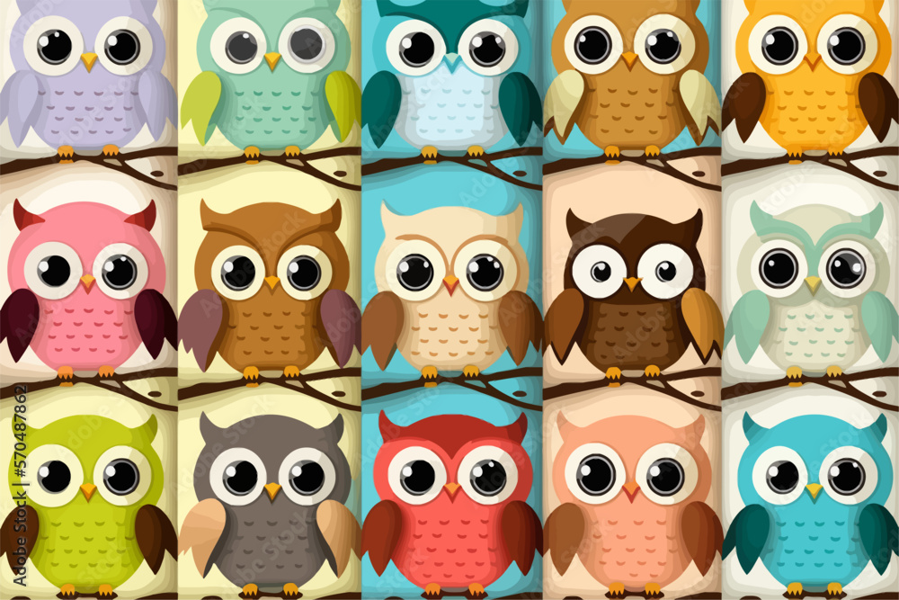 Cute owls birds group color seamless pattern Cute owls birds group color seamless pattern