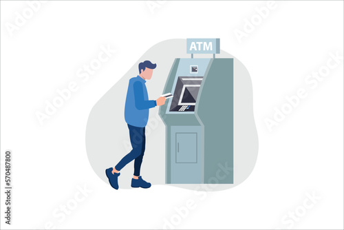 Man customer using credit card in atm machine and withdraw money. Flat style vector illustration isolated on white background
