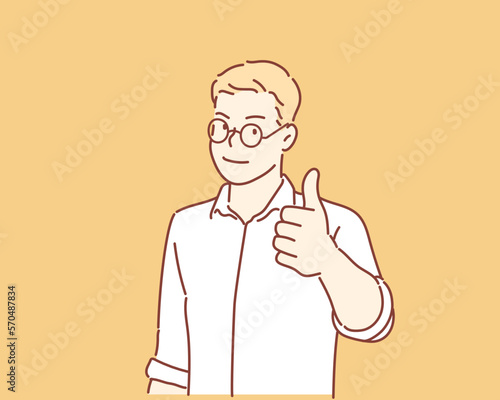 Smiling confident businessman tumbs up on yellow background. Hand drawn style vector design illustrations.