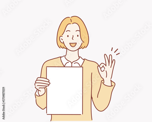 business woman holding papers and showing ok sign. Hand drawn style vector design illustrations.