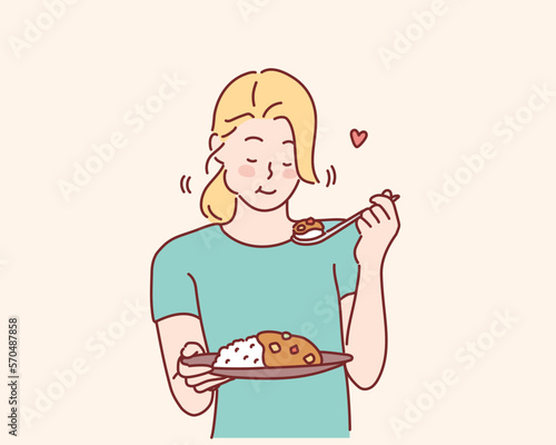 girl eating a curry rice with a smile. Hand drawn style vector design illustrations.