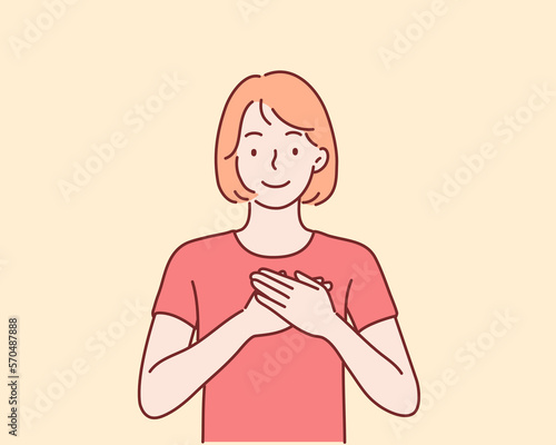 Touched positive woman with pleased expression keeps hands on chest, feels gratitude, impressed by good words of gratitude. Hand drawn style vector design illustrations.
